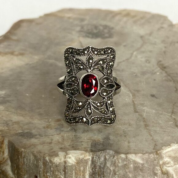 VTG Judith Jack Sterling Silver 925 Art Deco Style Oval Garnet Marcasite Ring - Picture 3 of 16